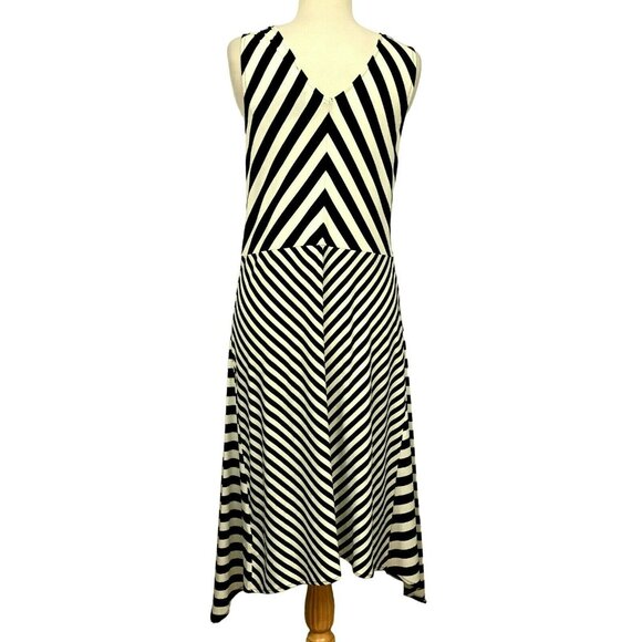 Jones New York Chevron Stripe A-Line Black & Ivory Midi Dress Longer Sides M NEW - Picture 5 of 8